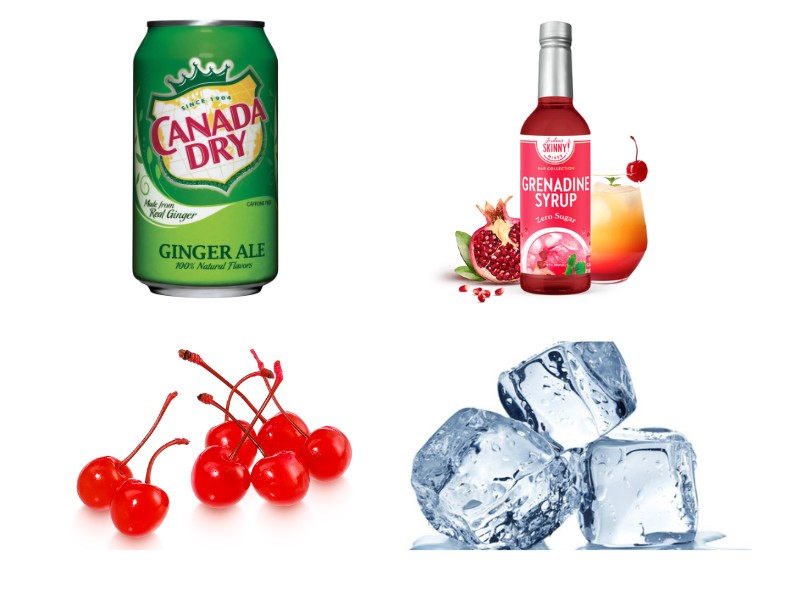 Ingredients for making shirley temple mocktail